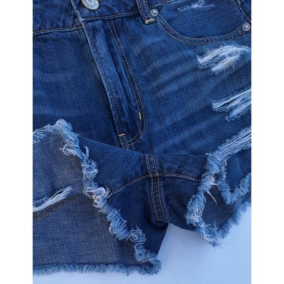 American Eagle Tomgirl Shortie Denim Jean Shorts Blue Distressed Fray Hem Sz. 10 - Picture 7 of 9